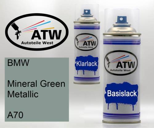 BMW, Mineral Green Metallic, A70: 400ml Sprühdose + 400ml Klarlack - Set, von ATW Autoteile West.